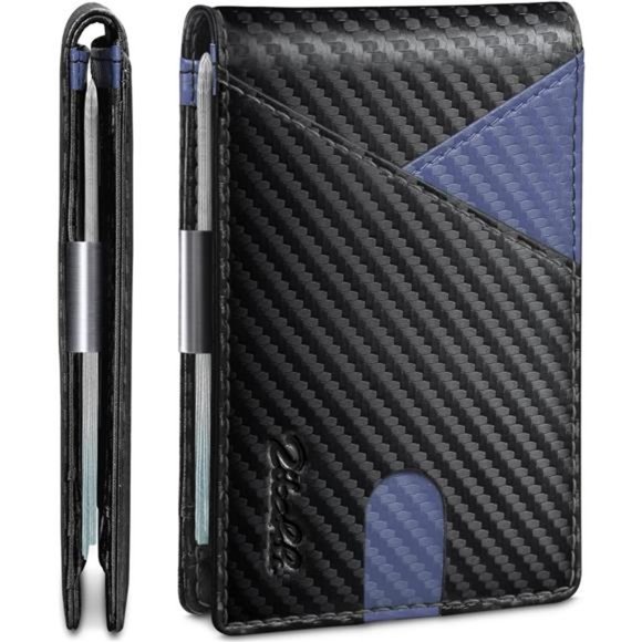 RFID Blocking Bifold Minimalist Wallets with Gift Box Carbon Black Accented Blue